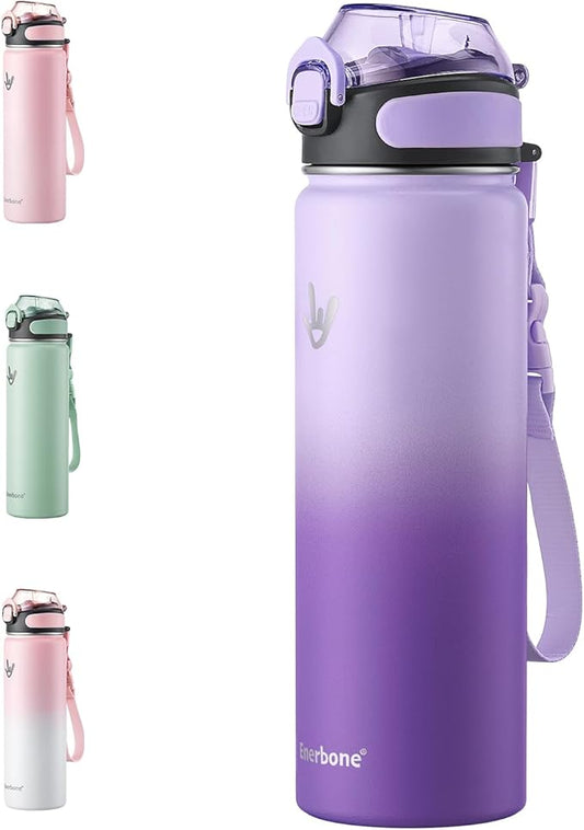Enerbone 24 oz Insulated Water Bottle, Stainless Steel Bottle with Carrying Strap, Double-Wall Vacuum Insulation Design, Leakproof Sports Bottle with Straw, Keep Drinks Cold or Hot for Hours-PurrikoPets