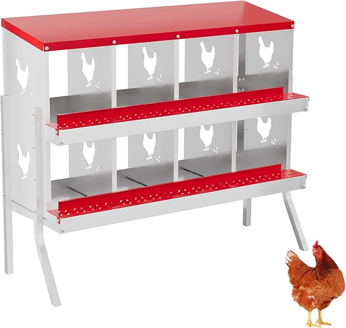 8 Hole Chicken Nesting Box with Roll Out Egg Tray, Rustproof & Ventilated Chicken Laying Boxes for Hens, Chickens, Ducks | Easy-Clean Poultry Coop Accessories, Red with Stand-PurrikoPets