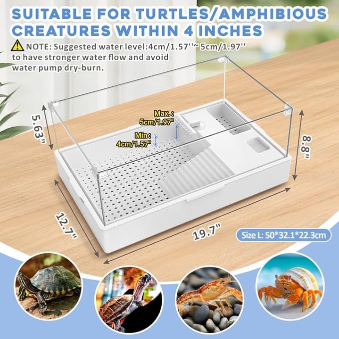 GOZILLA Large Turtle Tank Kit+Water Pump+Lamp, Acrylic Turtle Tank Starter Kit with Adjustable 5W Water Pump and Timing/Dimming Lamp, Multi-Functional Area for Small/Medium Turtles(Large-White Kit).-PurrikoPets