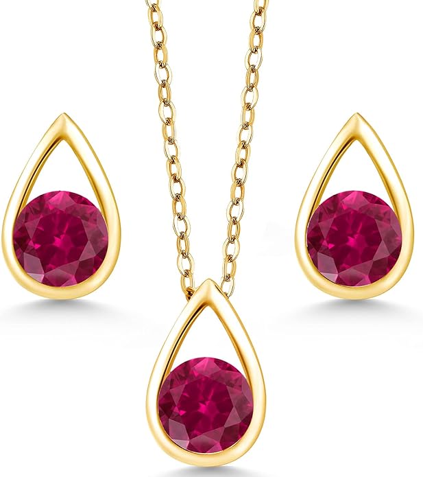 Gem Stone King 18K Yellow Gold Plated Silver 5MM Round Gemstone Birthstone Teardrop Pendant Earrings Set | Jewelry Set for Women | With 18 Inch Chain