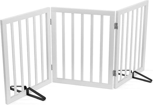 Dog Gates for The House Freestanding Foldable Pet Gates for Doorways 3 Panels 24'' Tall with 2PCS Support Feet Wooden White Dog Gate for Stairs-PurrikoPets