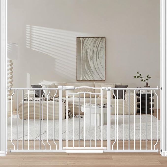 Extra Wide Dog Gate for Doorways 62.6-72 in, Walk Through Long Baby Gates for Large Openings, No Drill Child Safety Gate for Pets Kids Toddler, Doggy Barrier Indoor Metal, 30" Tall White-PurrikoPets