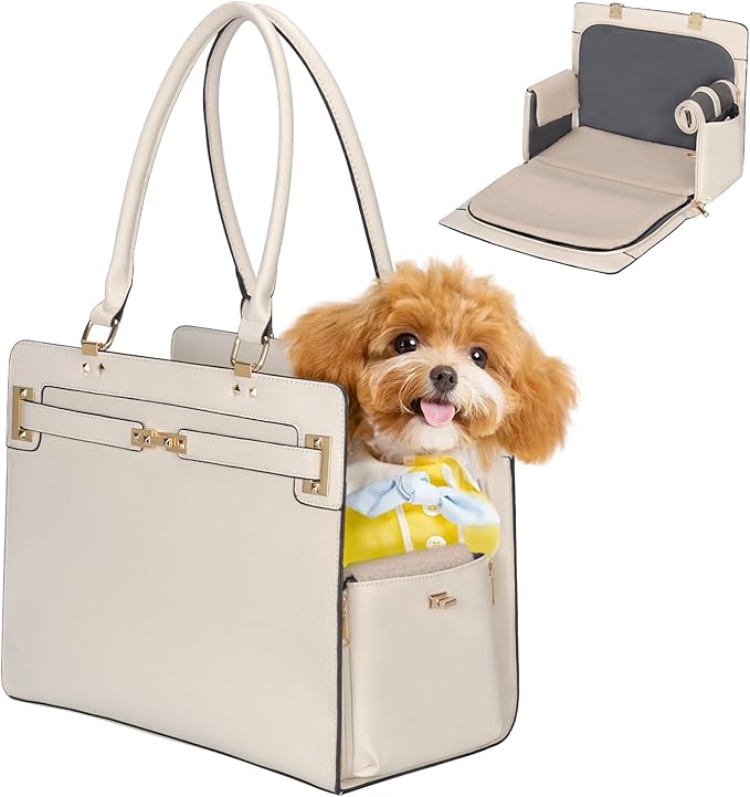 2-in-1 Stylish Dog Purse Carrier Soft-Sided Carriers Travel Tote Bag for Small Dogs Cats, Fashion Foldable Pet Bag for Puppies Small Animals with Pockets (White, 15" L x 7.5" W x 12.2" H)-PurrikoPets