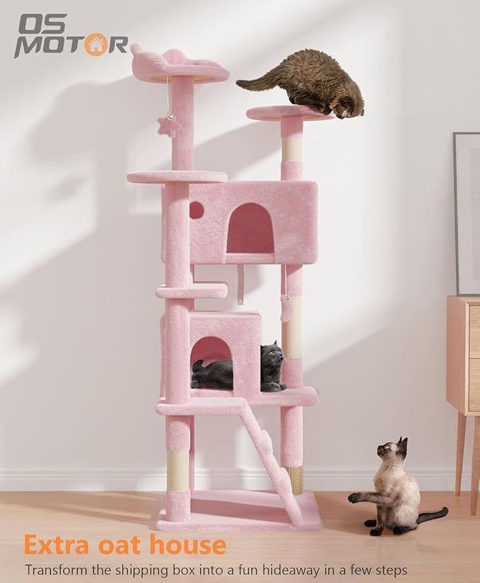 60'' Cat Tree Tower for Indoor Cats Large Adult,Cute/Tall Modern Cat Tree for Big Cats 20 lbs, Plush Multi-Level Cat Condo with Scratching Posts,Dangling for Fun Play (Soft Pink, 60 inch)-PurrikoPets
