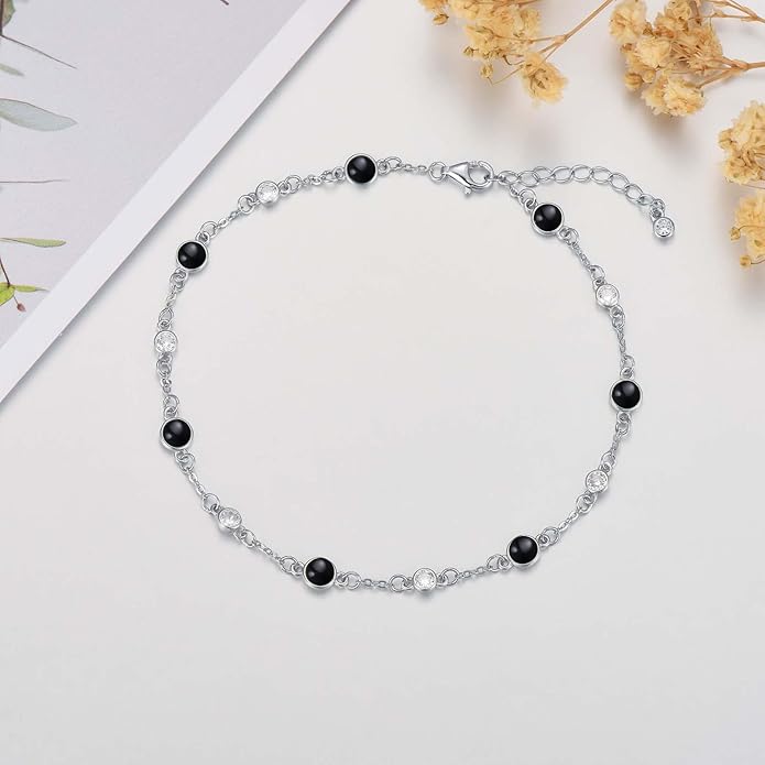 Anklet Bracelet for Women 925 Sterling Silver Natural Stone Chain Ankle Bracelet Beach Summer Fine Jewelry Valentines Day Birthday Gifts for Her Mom Wife