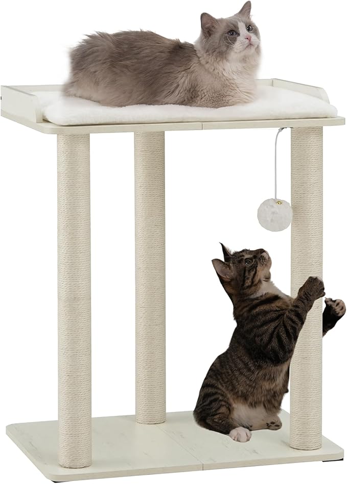 FourFurPets 26.7in Large Cat Tree Tower Condo, Cat Scratch Posts for Indoor Cats, Big Plate, Three 23.6in Full Sisal Scratching Posts, White-PurrikoPets