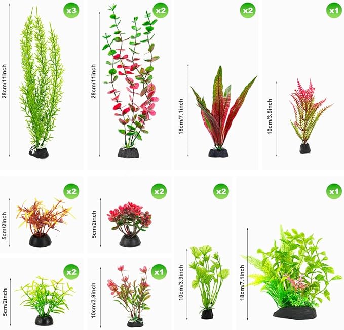 18-Piece Artificial Aquarium Plants Decorations – Large Set with Red & Green Foliage, Fish Tank Decor for Betta, Goldfish, Freshwater & Saltwater Tanks, Weighted Bases-PurrikoPets