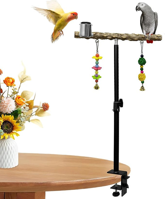 18-27 Inch Height Adjustable Bird Perch Pepper Wood Desktop Bird Training Perch Stand with Feeding Cups and Swing Toy Parakeet Perches Indoor and Outdoor Parrot Stand for Small to Medium Birds-PurrikoPets