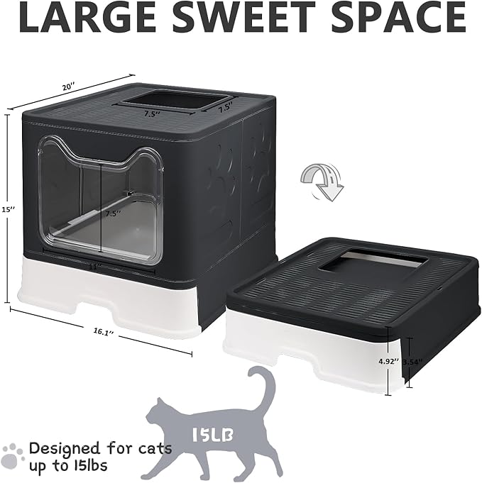 Foldable Cat Litter Box with Lid, Enclosed Potty, Large Top Entry Anti-Splashing Toilet, Easy to Clean Including Litter Scoop and 2-in-1 Cleaning Brush (Black)-PurrikoPets