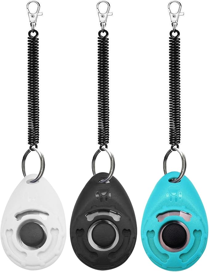 Dog Training Clicker with Wrist Strap Durable Lightweight Easy to Use,Pet Training Clicker for Cats Puppy Birds Horses,Perfect for Behavioral Training 3-Pack (Black,White and Water Lake Blue) (3)-PurrikoPets
