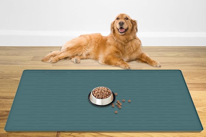 48" x 32" Largest Pet Food Mat, XXXL Silicone Dog Mats for Food and Water, Nonslip Pet Feeding Mats for Floors,Dog Cat Bowl Mat with Raised Edges, Dark Green-PurrikoPets