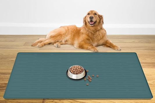 48" x 32" Largest Pet Food Mat, XXXL Silicone Dog Mats for Food and Water, Nonslip Pet Feeding Mats for Floors,Dog Cat Bowl Mat with Raised Edges, Dark Green-PurrikoPets
