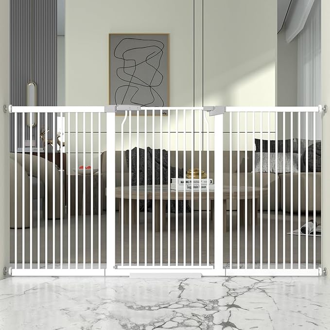41" Extra Tall and Wide Baby Gate, 74.2-76.7'' Wide Pet Cat Gate for Doorway, Extra Wide Pressure Mounted Child Door with Expansion Kit, Metal Safe Gate, Tall Dog Gate, White-PurrikoPets