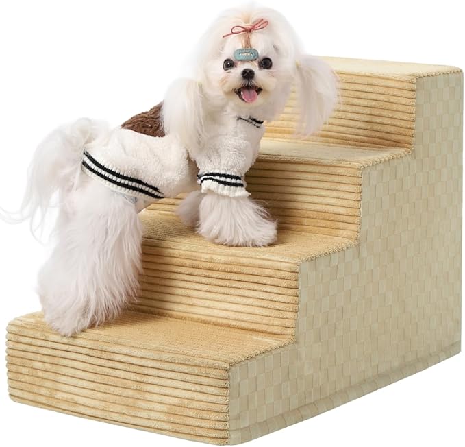 Dog Stairs for Small Dogs,17.5" H,4-Step Dog Steps for Bed and Couch with High Density Foam,Non-Slip Pet Steps for Doggy and Cat,Pet Stairs with a Washable Cover,Khaki-PurrikoPets