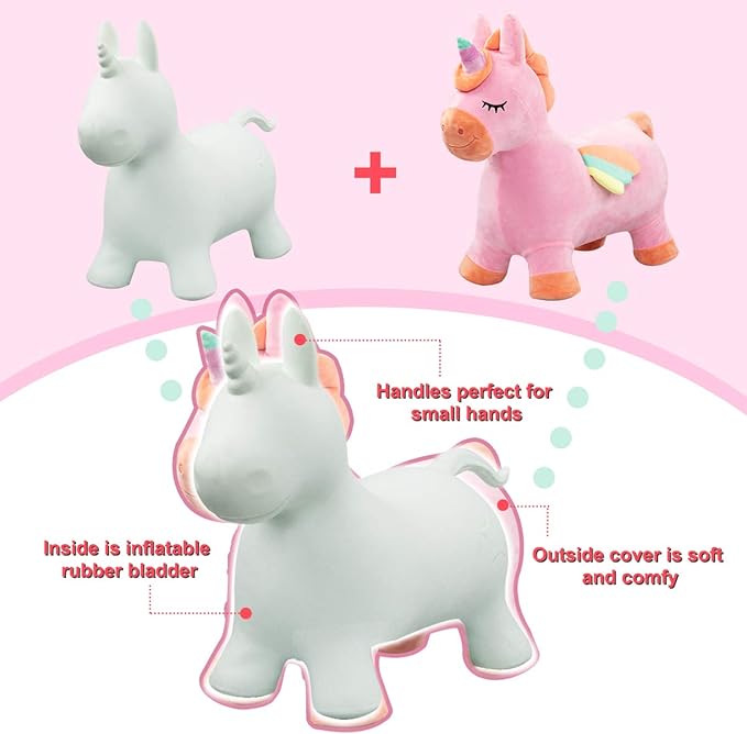 EVERICH TOY Bouncy Horse Unicorn Toys, Inflatable Bouncing Animal Hopping Toys, Outdoor Indoor Ride on Bouncer, Boys Girls Birthday Gift for 18 Month 2 3 4 5 6 Year Old Kid- Plush Unicorn Toy-PurrikoPets