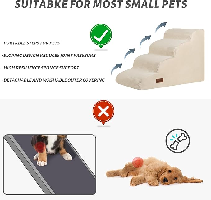 4-Step Dog Stairs and Ramp for Beds or Couches,Non-Slip Sturdy Pet Steps for Small Dogs and Cats,17.4" H,Beige-PurrikoPets