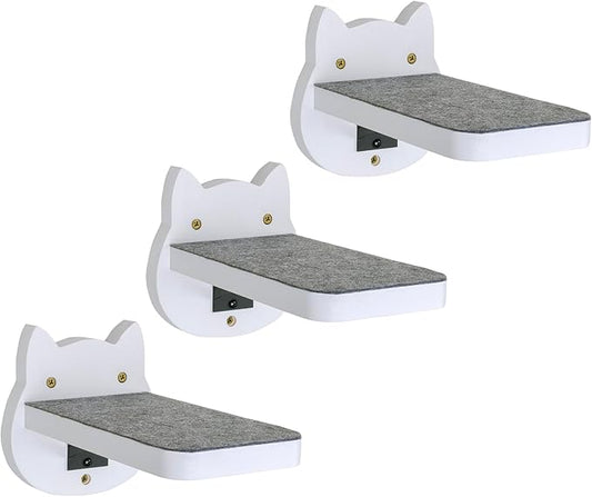 ESPETS White Painted Wooden Cat Wall Floating Steps Set of 3 - Wall Mounted Cat Floating Furniture Shelves and Perches, Sturdy Climber Stairs Ladders - Holds up 30lbs-PurrikoPets