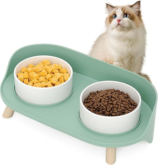 Elevated Dog Bowls Set, Ceramic Pet Food & Water Bowls with Non-Slip Stand, No Spill Design for Cats/Small Medium Dogs Green-PurrikoPets
