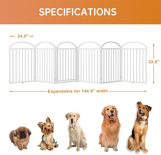 6 Panles Full Matel Freestanding Dog Gates with Door, 144"Extra Wide 32"Tall Free Standing Dog Pet Gate for Indoor & Outdoor. Foldable Pet Fences for Doorways, House, Stairs, Porch, Deck, Yard-PurrikoPets