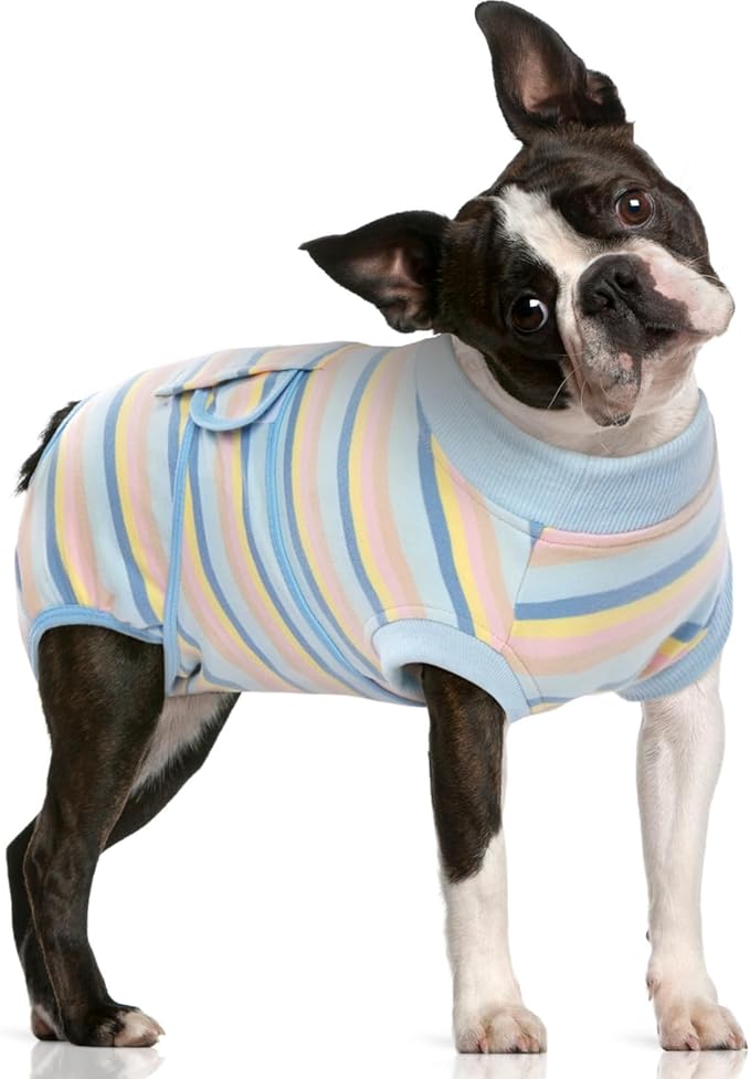 FUAMEY Recovery Suit for Dogs After Surgery,Soft Breathable Dog Bodysuit E-Collar & Cone Alternative Surgical Suit,Male Female Dog Neuter Spay Suits Anti Licking Wounds Onesie Blue Yellow Stripes M-PurrikoPets