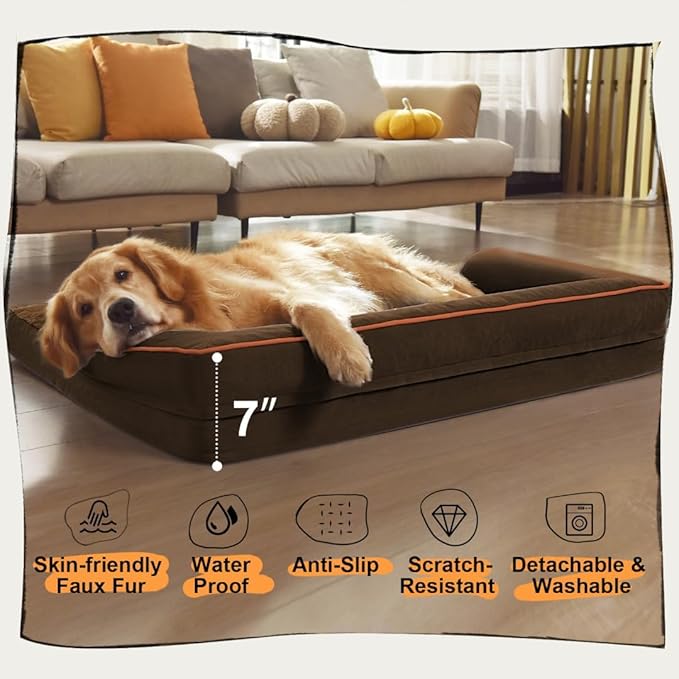 Extra Large Dog Bed-Orthopedic Waterproof XL Dog Bed for XLarge Extra Big Dogs - Foam Couch Sofa Washable with Removable Cover-Coffee-PurrikoPets