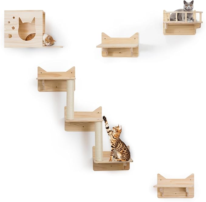 9-Piece Wall-Mounted Cat Shelves Set, House, Lookout Tower, 2 Sisal Scratching Posts, 5-Step Cat Wall Ladder, Pine Furniture, Extra-Wide & Long for Large Cats, Space-Saving Indoor Shelves-PurrikoPets