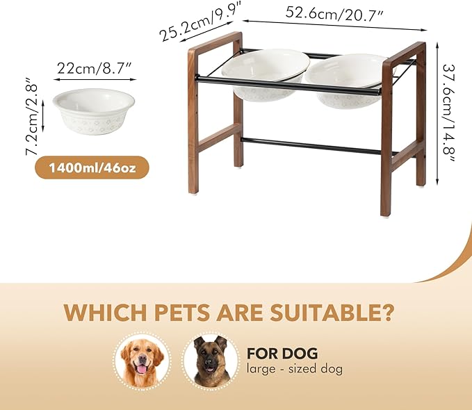 8.7inch Ceramic Adjustable Raised Double Bowls Set with Stand, 3 Heights Elevated, 2 Placement Options, Food and Water Dishes for Large Dog(Double Bowls+Stand, Reactived Glaze -White)-PurrikoPets