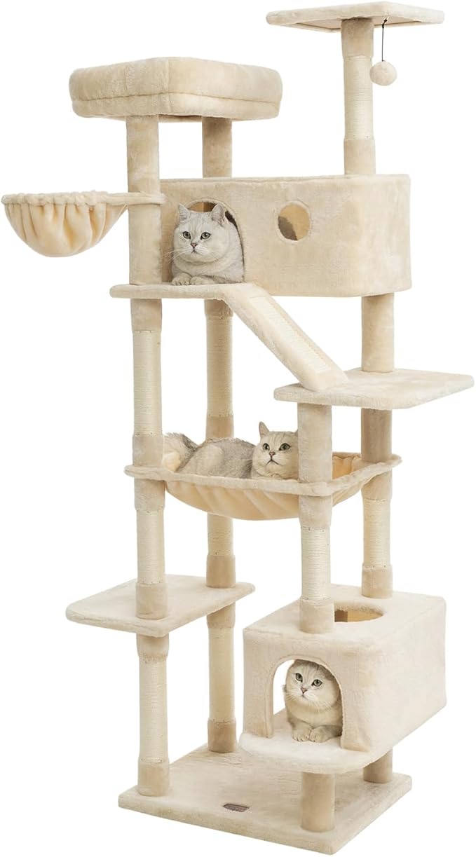 73 inches Large Cat Tree for Indoor Cats, Tall Cat Tower with Sisal Scratching Posts and Pads, Padded Plush Perch, Cozy Basket, Plush Condo for Large Cats (Beige)-PurrikoPets