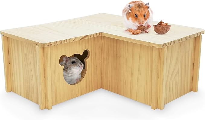 Fhiny Wooden Hamster House, Multi-Chamber Hamster Hideout & Tunnel Detachable Activity Room Exploring Toys Rats Habitat Decor for Dwarf Hamsters Gerbils Mice Lemmings (Small)-PurrikoPets