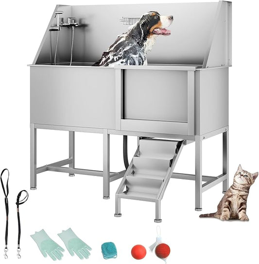 62" Professional Stainless Steel Dog Bathing Station, Large Dog Washing Station W/Dog Bath Brush, Washing Gloves, Floor Grate, Dog and Cat Bath Tub, Dog Washing Sink (62 Inch Left Door)-PurrikoPets