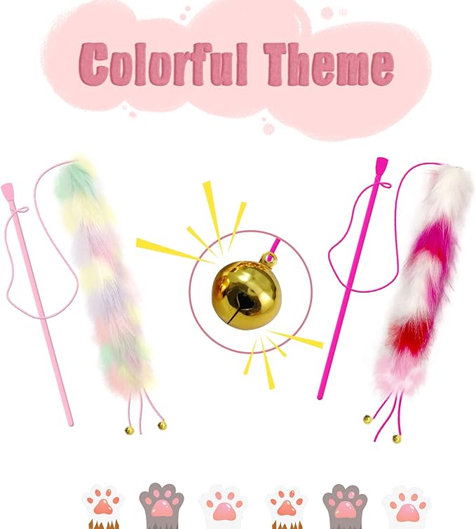 2 Pack Cat Wand Toy, Rainbow Cat Feather Toys with Bells, Teaser Wand with Soft Furry Tail, Interactive Toys for Indoor Cats & Kitten & Kitty-PurrikoPets