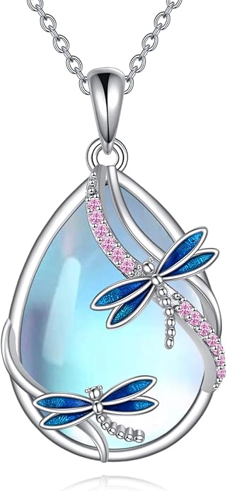 KQF Dragonfly/Butterlfy/Cat/Jellyfish/Bunny/Axolotl/Bee/Mermaid/Hummingbird/Elephant Necklace for Women Sterling Silver Moonstone Pendant Necklace Dragonfly Jewelry Gifts for Women