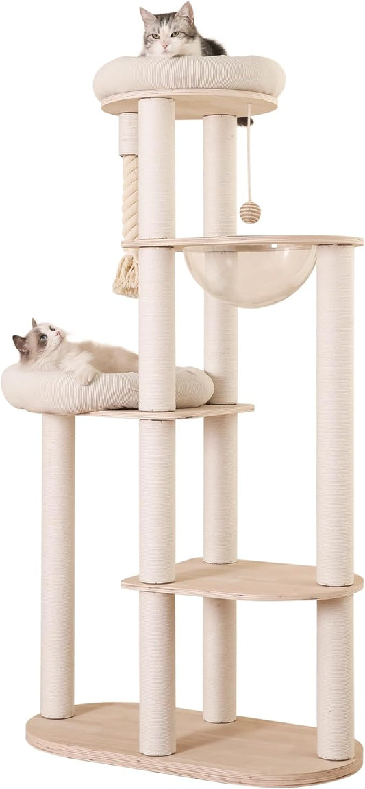 59" Modern Cat Tree Multi-Level Large Cat Tower Heavy Duty Cat Tree with Hammock,Cotton Scratching Post and Washable Cushions-PurrikoPets