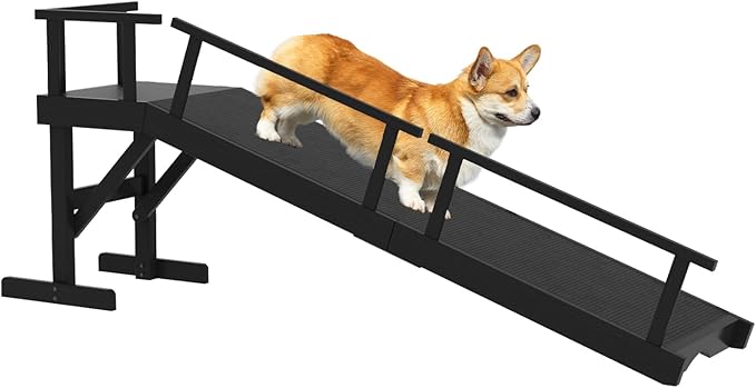 61" Dog Ramp for Bed, Pet Ramp with Removable Side Rail and Non-Slip Surface, Pet Ramp for Small & Large & Senior Dogs with Rest Platform and DIY Glow Strips,Dog Stairs for Couch,Black-PurrikoPets