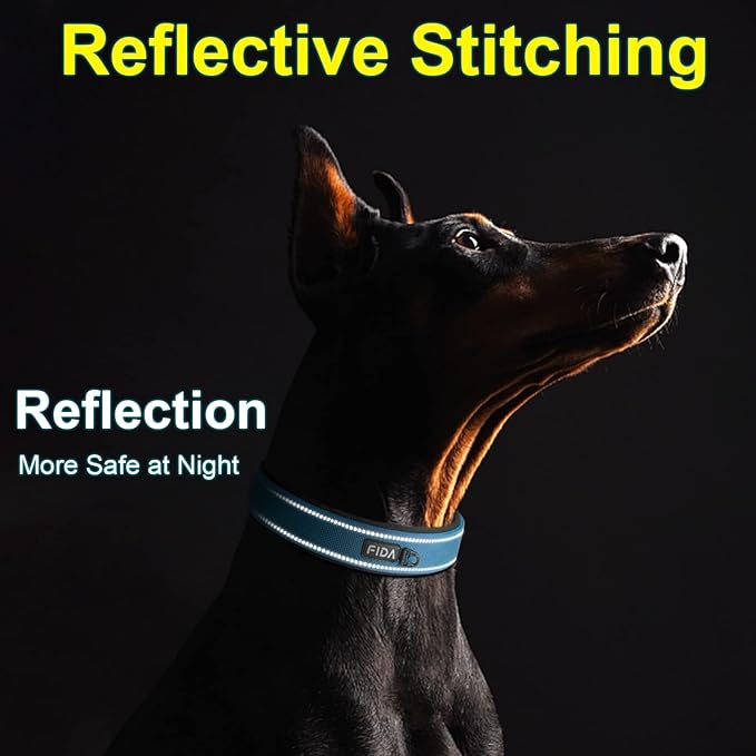 Fida Heavy Duty Dog Collar 1.5” Width, Ultra Soft Neoprene Padded, Adjustable Reflective Nylon Pet Collar with Two Metal Pin Belt Buckle for Extra-Large Breeds (XL, Blue)-PurrikoPets