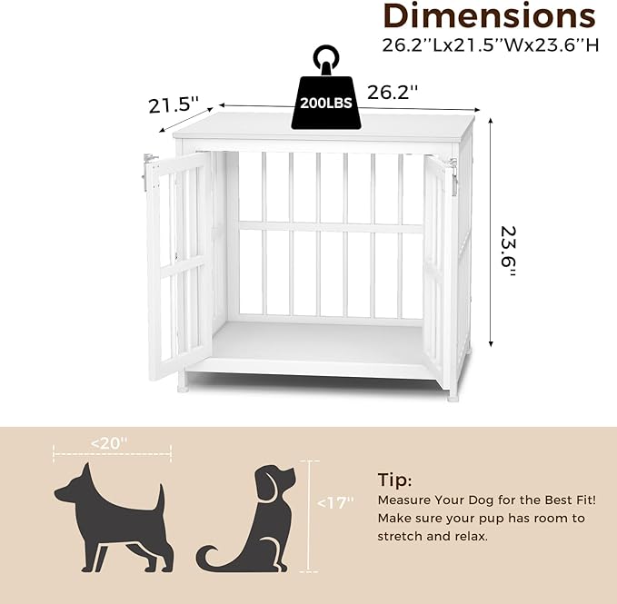 26 Inch Heavy Duty Wooden Dog Kennel End Table with Double Door Design and Secure Locks, Indoor Pet Crate Furniture for Small Dogs, Decorative Home Cage Design,White-PurrikoPets