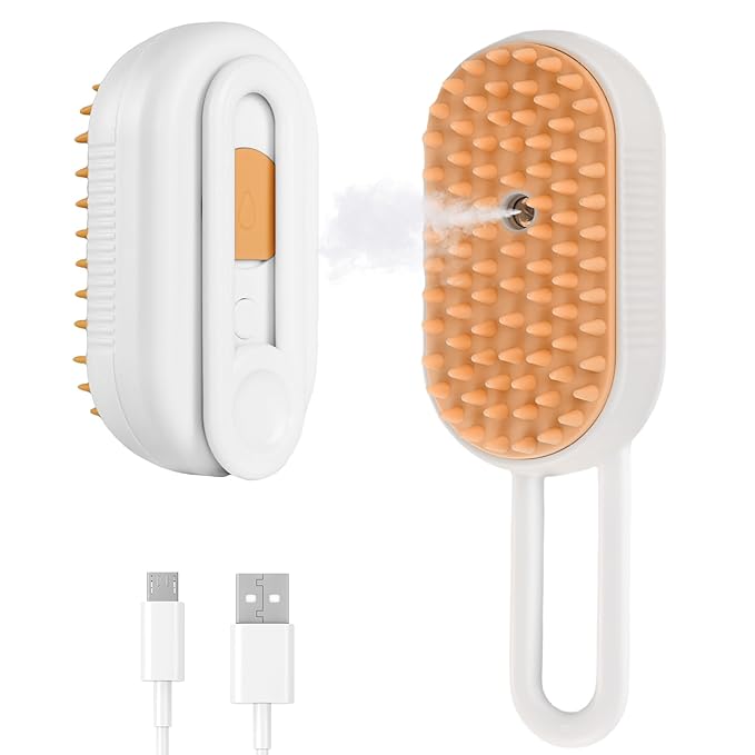 4 in 1 Cat Steam Brush, Rechargeable Steam Brush for Cats and Dogs, Anti-Static Cat Spray Brushes, Massage, Cleaning, Shedding & Combing All In One! White-PurrikoPets