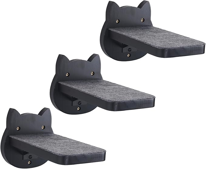 ESPETS Black Painted Solid Wood Cat Wall Climbing Steps Set of 3 - Wall Mounted Cat Floating Furniture Shelves and Perches, Sturdy Climber Stairs Ladders - Holds up 30lbs-PurrikoPets