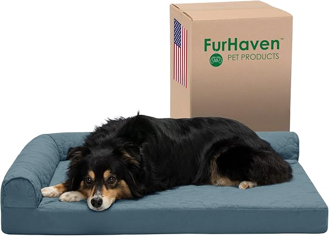 Furhaven Cooling Gel Dog Bed for Large/Medium Dogs w/ Removable Bolsters & Washable Cover, For Dogs Up to 55 lbs - Pinsonic Quilted Paw L Shaped Chaise - Bluestone, Large-PurrikoPets