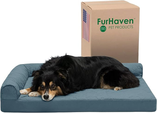 Furhaven Cooling Gel Dog Bed for Large/Medium Dogs w/ Removable Bolsters & Washable Cover, For Dogs Up to 55 lbs - Pinsonic Quilted Paw L Shaped Chaise - Bluestone, Large-PurrikoPets
