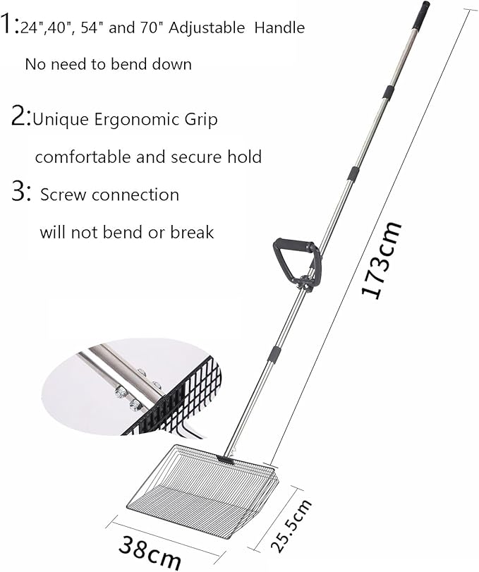 15 Inch Large Chicken coop Scoop with Ergonomic Grip Adjustable Long Handle (24-64") Chicken Poop Scooper Sifting Shovel rake Stainless Steel Metal coop Scoop (L/15 INCH)-PurrikoPets
