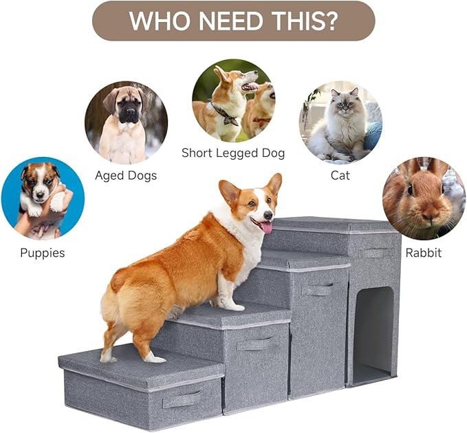 Dog Stairs with Storage, Folding Pet Steps with Zip for Small Dogs and Cats, 4-Step Pet Stairs with Pet House for High Bed, Couch and Car Ramp (Gray, 4 Steps with Condo)-PurrikoPets