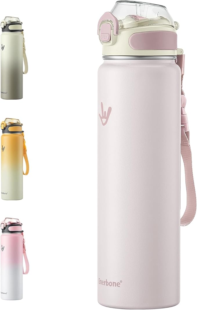 Enerbone 32 oz Insulated Water Bottle, Stainless Steel Bottle with Carrying Strap, Double-Wall Vacuum Insulation Design, Leakproof Sports Bottle with Straw, Keep Drinks Cold or Hot for Hours-PurrikoPets