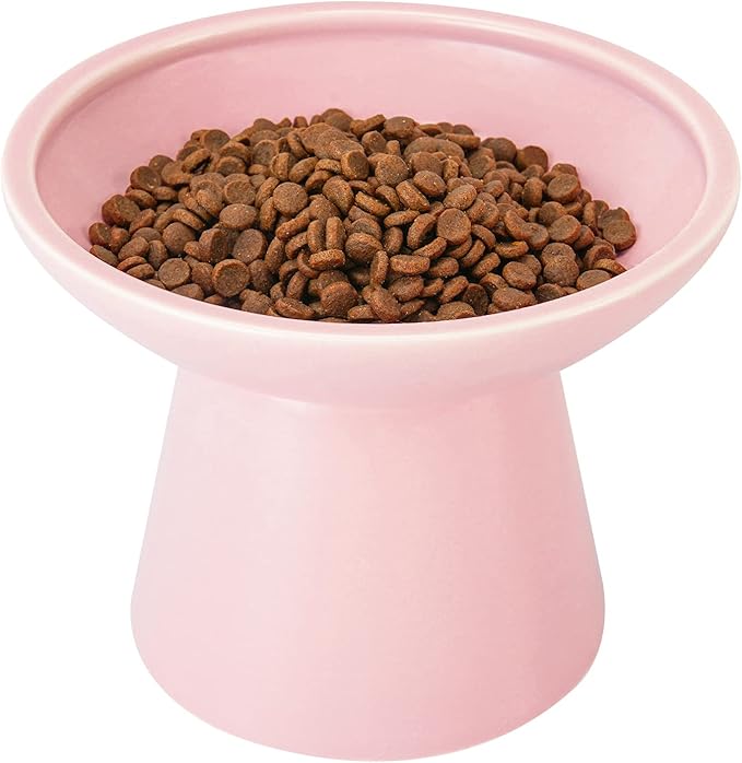 Extra Wide Elevated Ceramic Cat Food Bowl - 6.2" Shallow Dish for Whisker Fatigue Relief, 5" Height for Easy Feeding, Lead & Cadmium Free, Durable Raised Cat Food Bowls, Pink-PurrikoPets