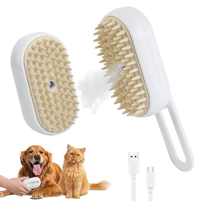 4 in 1 Cat Steam Brush for Shedding, Rechargeable Pet Steam Groomer Brush, Massage, Cleaning, Shedding & Combing Multifunctional Hair Removal Comb for Cats Dogs (White)-PurrikoPets