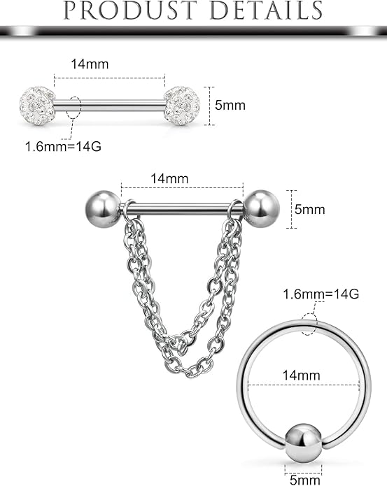Hoeudjo 14Pcs 14G Surgical Steel Chain Dangle Nipple Rings Barbell Piercing Jewelry Retainer for Women