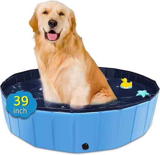 Foldable Dog Pool, 39" x 12" Kiddie Pool with Hard Plastic, Non-Slip Dog Bath Tub for Outdoor Backyard, Collapsible Dog Swimming Pool for Kids Dogs Pets (Blue)-PurrikoPets