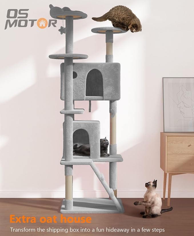 77'' Cat tree Tower for Indoor Cats Large Adult,Cute/Tall Modern Cat Tree for Big Cats 20 lbs,Plush Multi-Level Cat Condo with Scratching Posts,Dangling Ball for fun play(Light Gray, 77 inch)-PurrikoPets