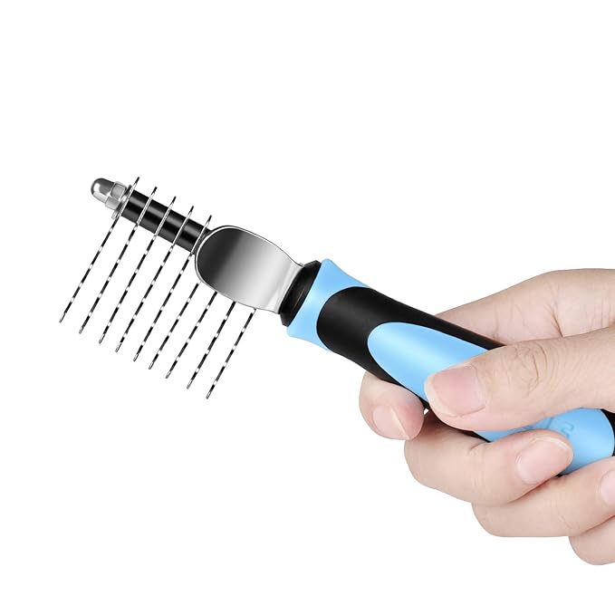 Flexzion Dogs Dematting Comb, Stainless Steel Blades Rakes, for Pets Cats Animals Matted Knotted Hair, Brush Cutting Removing Grooming Tool with Smooth Teeth Needle - Black & Blue Handle-PurrikoPets