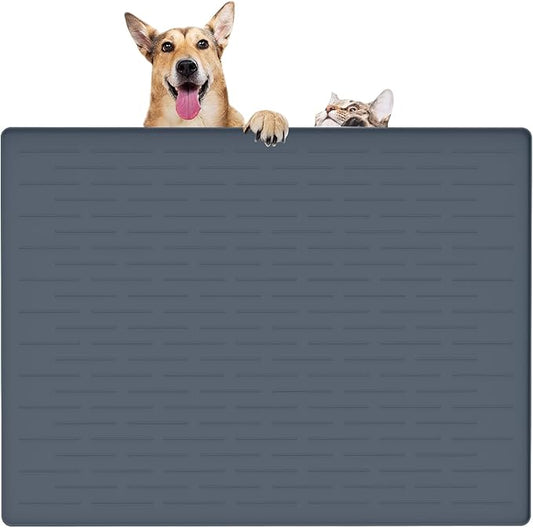 32" x 24" Large Pet Food Mat, Silicone Dog Mats for Food and Water, Nonslip Pet Feeding Mats for Floors,Dog Cat Bowl Mat with Raised Edges, Gray Blue-PurrikoPets